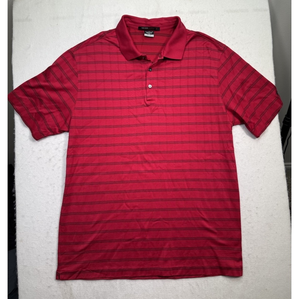 Nike Tiger Woods Golf Polo Mens L Red Striped Dri-Fit CLEAN RARE